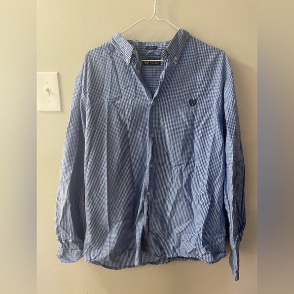 Men’s Chaps Custom Fit XL White Blue Plaid Long Sleeve Button Down Shirt - Picture 1 of 1
